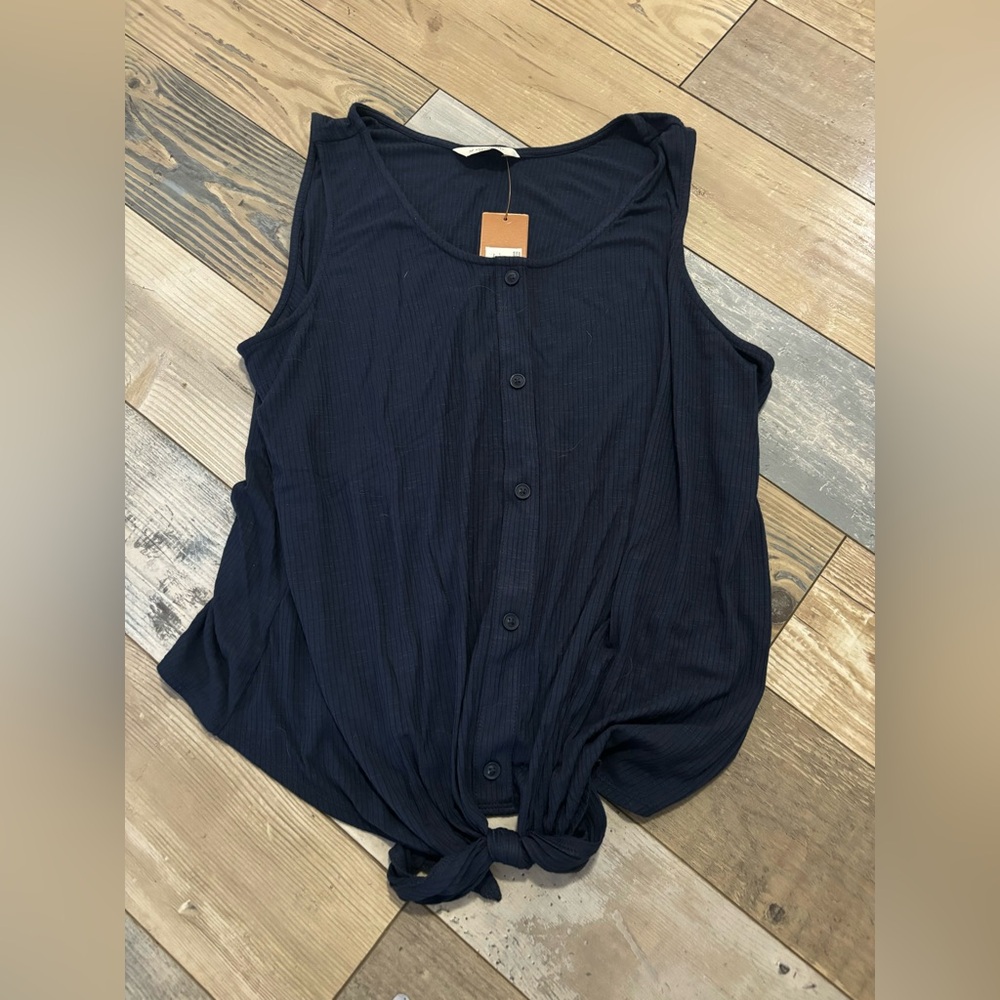 NWT Denver Hayes Tie Front Tank Top Ribbed Navy Blue Size XL
